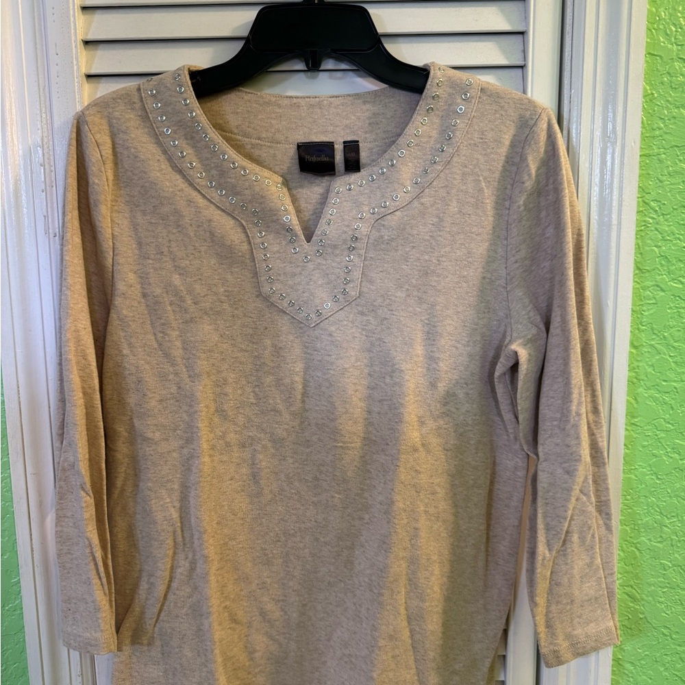 Rafaella Beige Top with Embellished Neckline